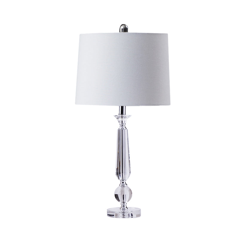 Traditional 1-Light Drum Night Table Lamp With Crystal Base - White/Brown/Beige Fabric Bedroom