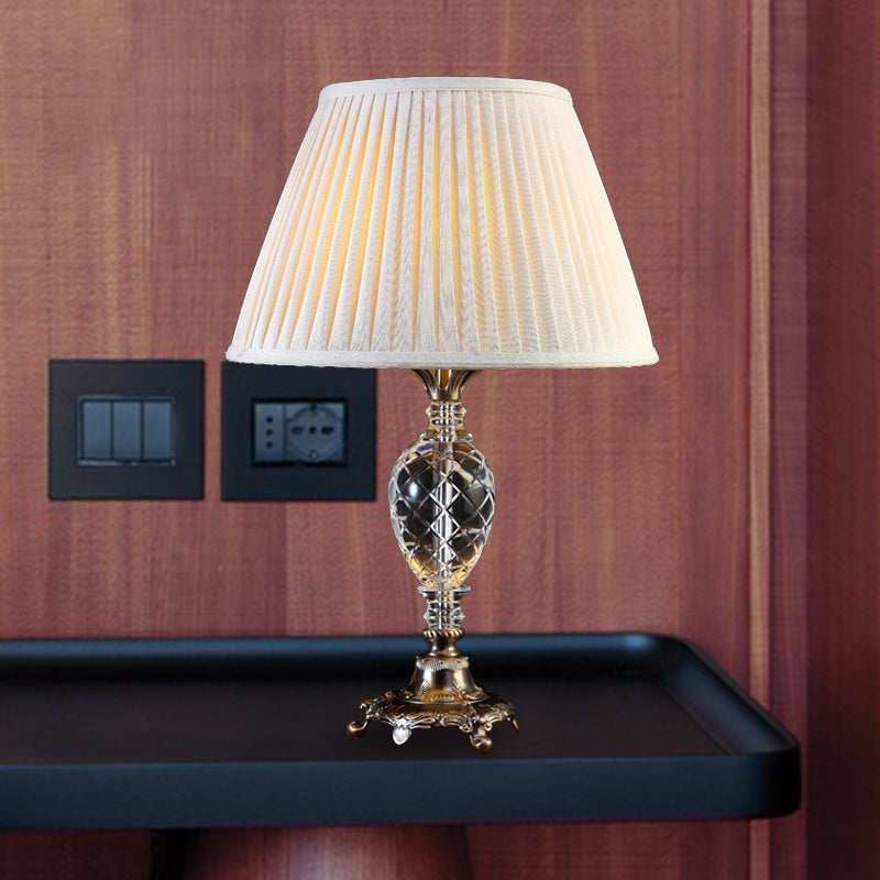 Pleated Shade Crystal Table Lamp For Bedroom Nightstand - Single Bulb Beige Countryside Collection