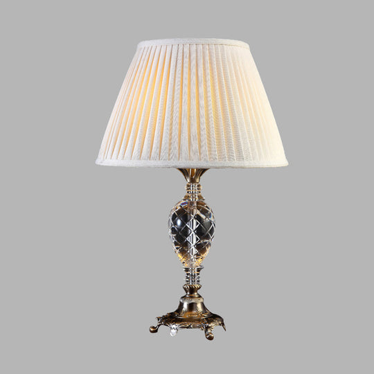 Pleated Shade Crystal Table Lamp For Bedroom Nightstand - Single Bulb Beige Countryside Collection