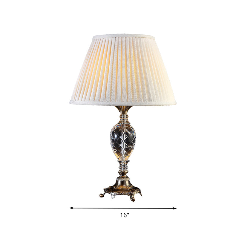 Pleated Shade Crystal Table Lamp For Bedroom Nightstand - Single Bulb Beige Countryside Collection