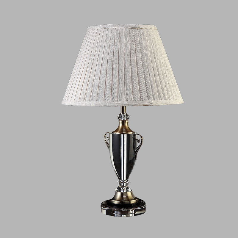 Beige Bell Night Lamp With Clear Crystal Base - Traditional Fabric Bedside Light