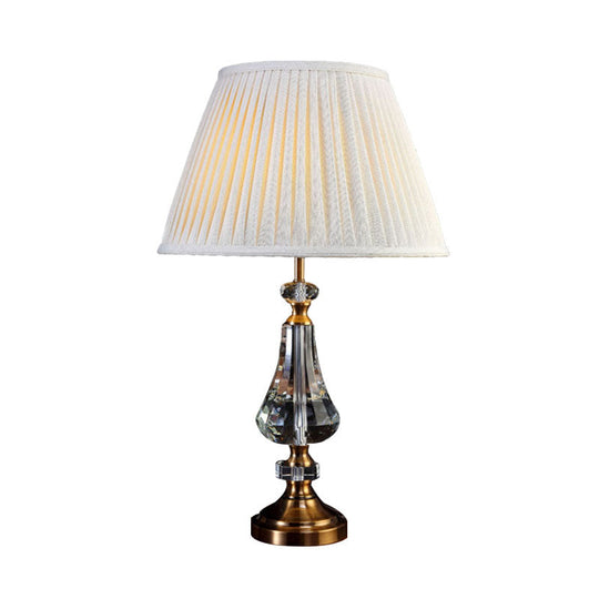 Conical Night Table Lamp - Cream Gray Fabric Crystal Base Sleek Design