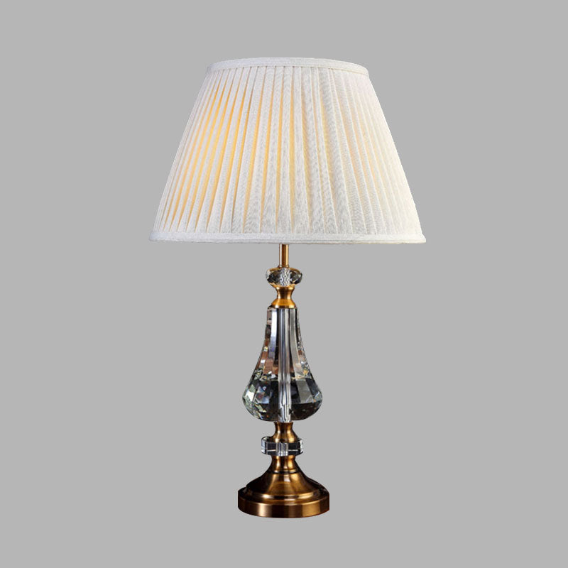 Conical Night Table Lamp - Cream Gray Fabric Crystal Base Sleek Design