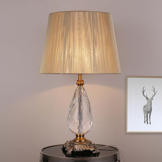 Beige Teardrop K9 Crystal Table Lamp With Fabric Shade - Elegant Bedroom Nightstand Lighting