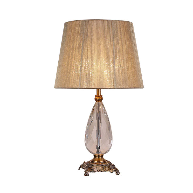 Beige Teardrop K9 Crystal Table Lamp With Fabric Shade - Elegant Bedroom Nightstand Lighting