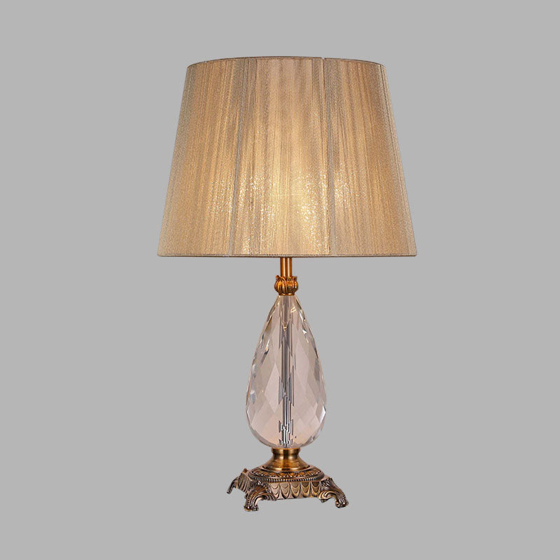 Beige Teardrop K9 Crystal Table Lamp With Fabric Shade - Elegant Bedroom Nightstand Lighting