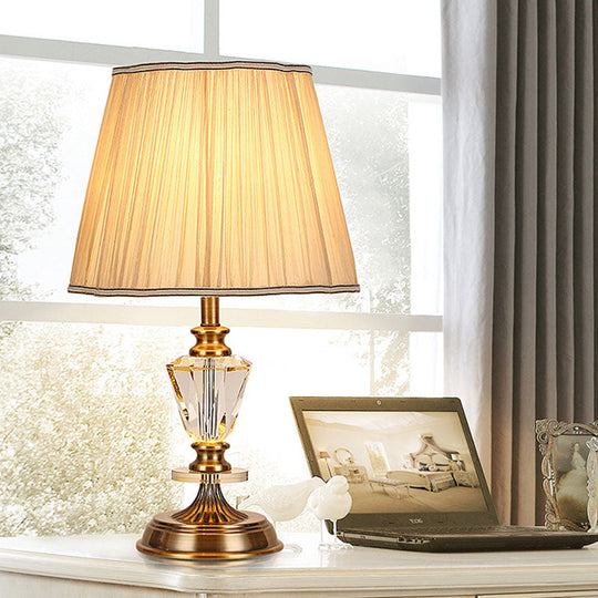 Tapered Countryside Crystal Table Lamp With Single Bulb In Beige - Elegant Night Light For Living