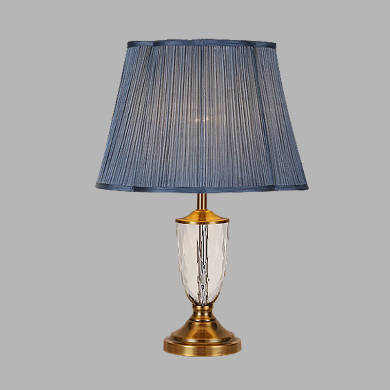 Blue Crystal Nightstand Lamp With Pleated Shade - Rural Style Bedroom Table Light