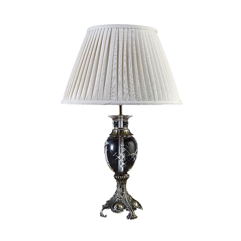 Beige Lodge Table Lamp With Clear Crystal Pleated Shade - Nightstand Light For Bedroom