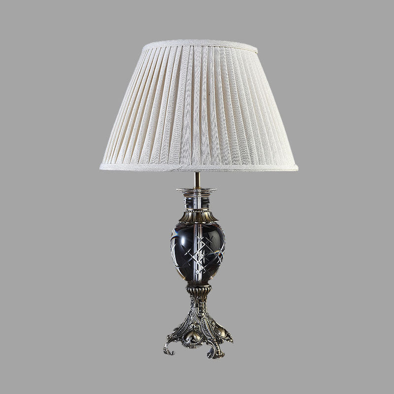 Beige Lodge Table Lamp With Clear Crystal Pleated Shade - Nightstand Light For Bedroom