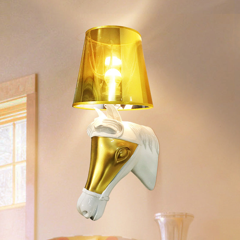 Traditional Fabric Wall Mount Sconce Light - White/Gold Bedroom Lighting With Horse Head Backplate