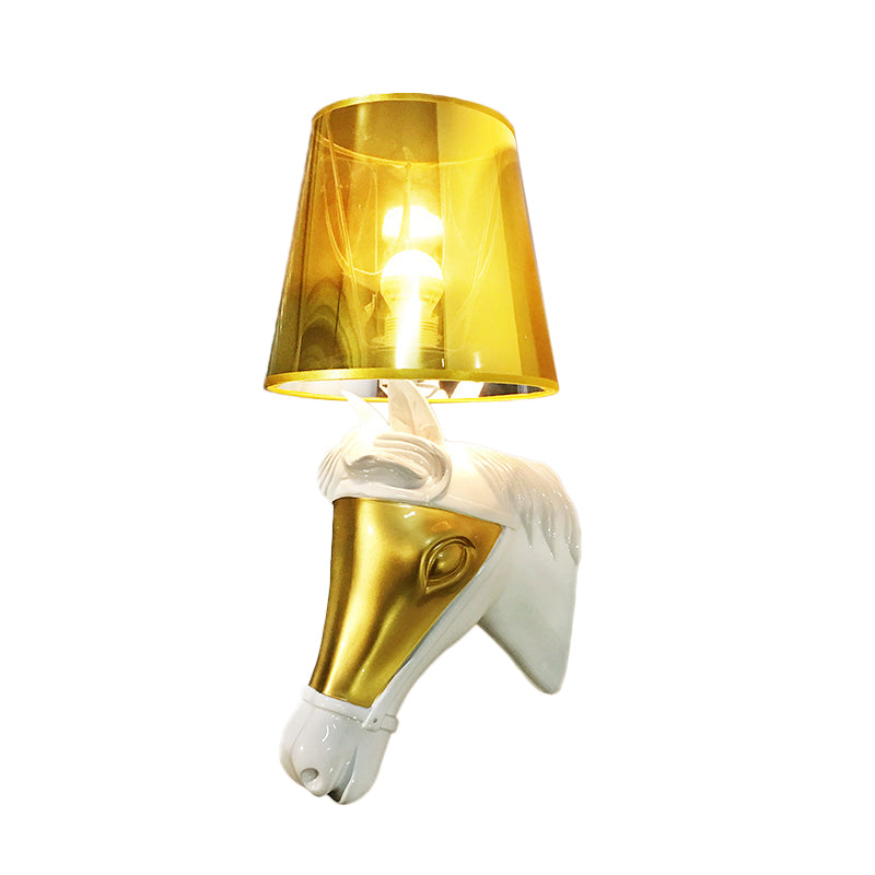 Traditional Fabric Wall Mount Sconce Light - White/Gold Bedroom Lighting With Horse Head Backplate