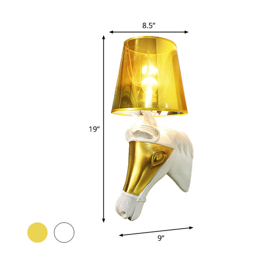 Traditional Fabric Wall Mount Sconce Light - White/Gold Bedroom Lighting With Horse Head Backplate