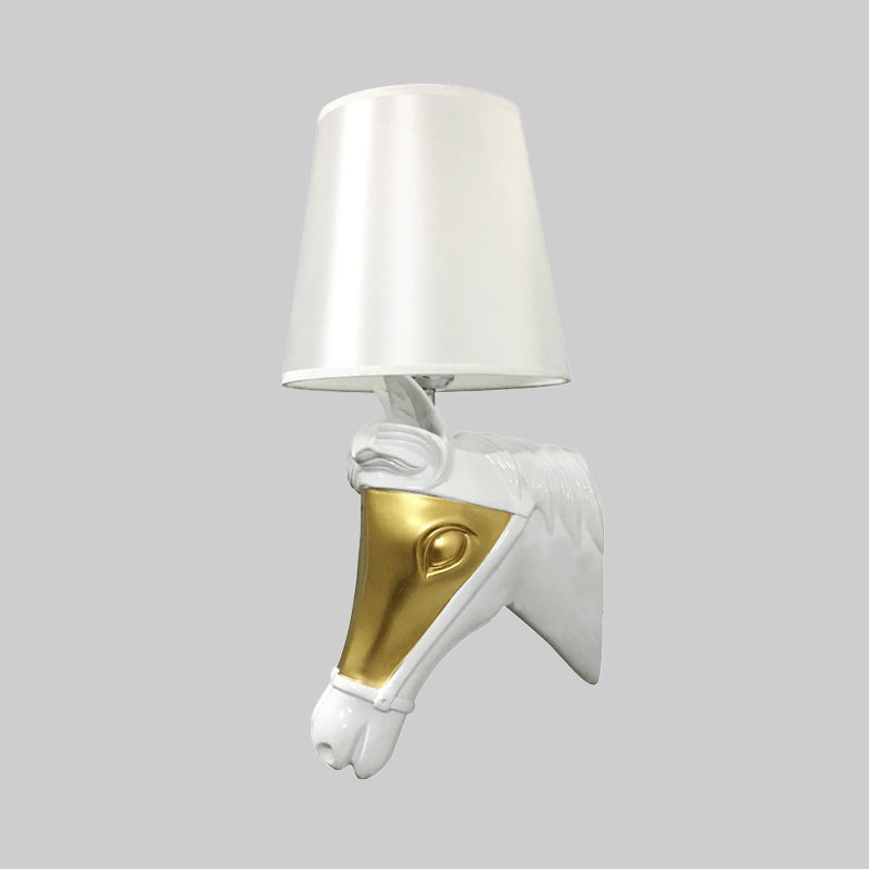 Traditional Fabric Wall Mount Sconce Light - White/Gold Bedroom Lighting With Horse Head Backplate