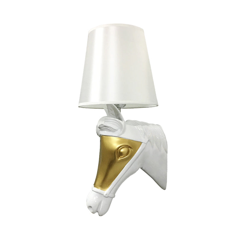 Traditional Fabric Wall Mount Sconce Light - White/Gold Bedroom Lighting With Horse Head Backplate