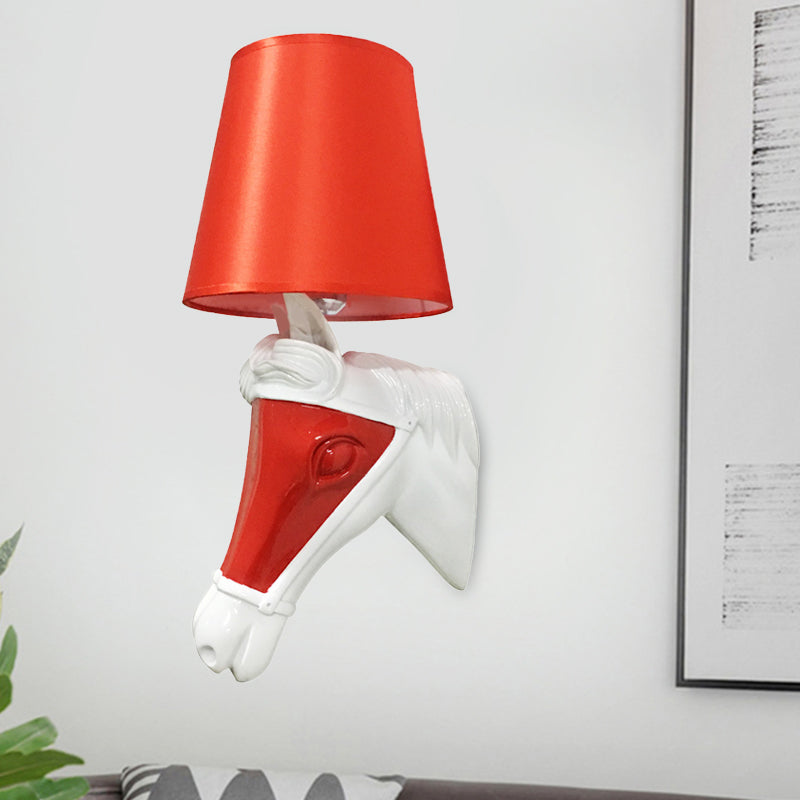 White/Red Tapered Sconce 1-Bulb Fabric Wall Mount For Bedroom Lighting