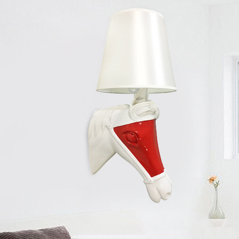 White/Red Tapered Sconce 1-Bulb Fabric Wall Mount For Bedroom Lighting