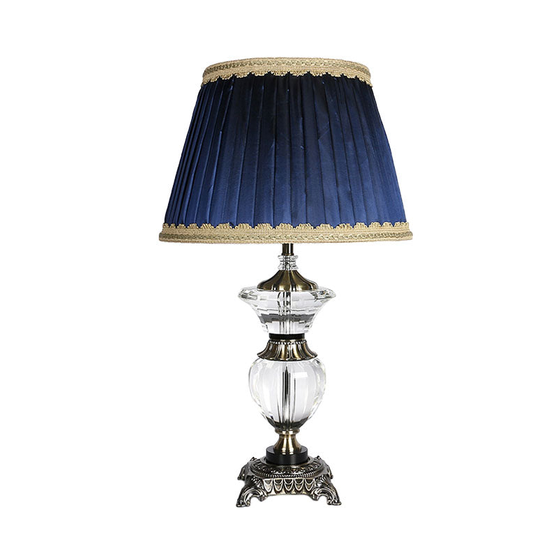 Blue Barrel Crystal Nightstand Lamp With Braided Trim - Lodge Bedroom Table Light