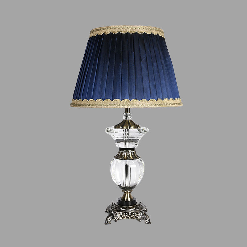 Blue Barrel Crystal Nightstand Lamp With Braided Trim - Lodge Bedroom Table Light