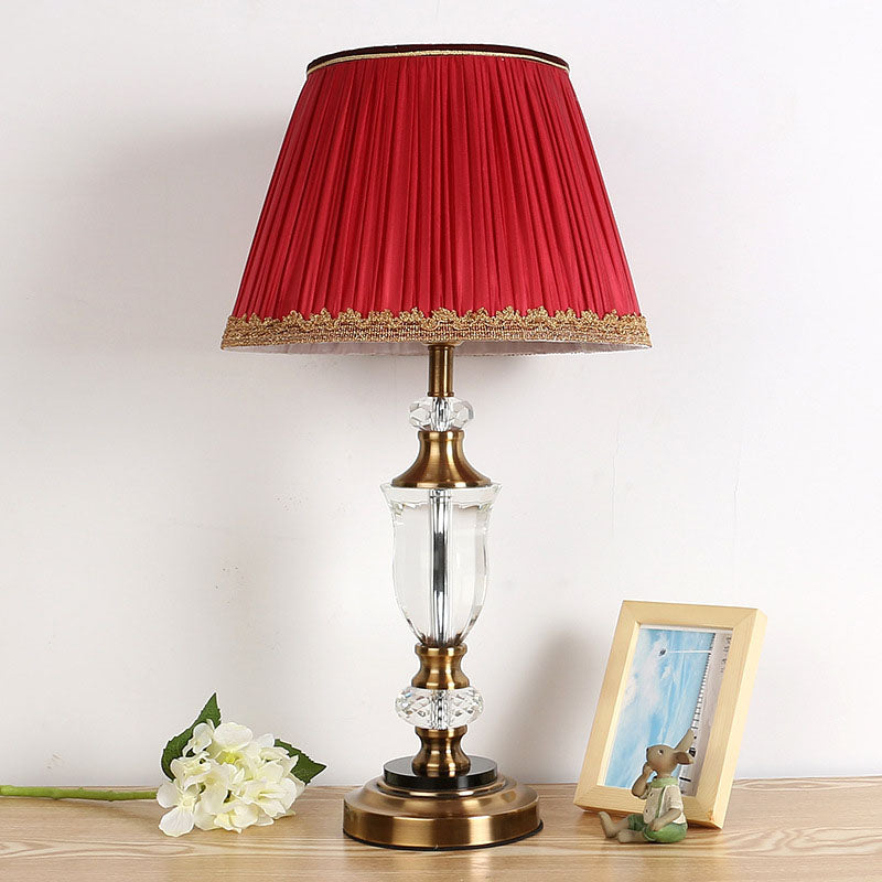 Red Crystal Countryside Nightstand Lamp - Single Head Table Light For Bedroom