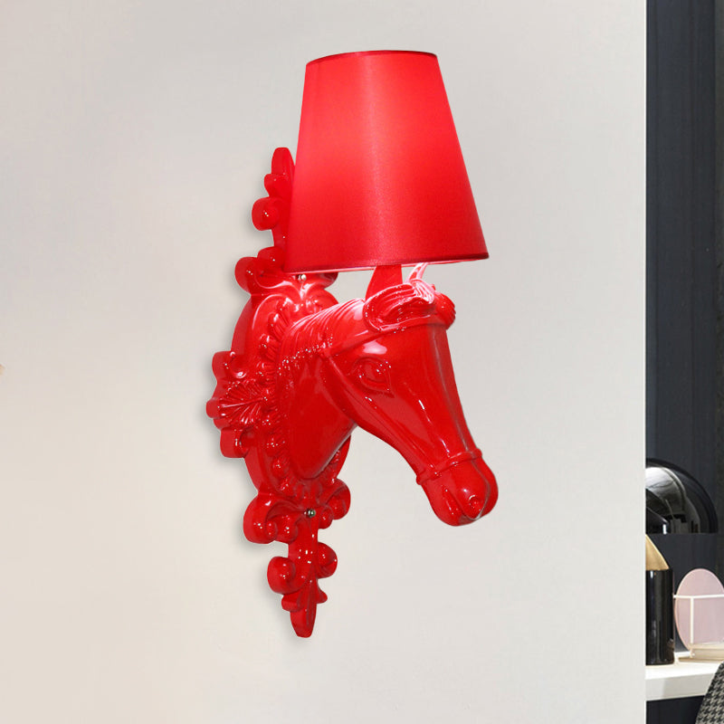 Traditional Indoor Horse Head Sconce Lamp - Fabric Red/Yellow/Orange 1-Light Wall Mounted Lighting