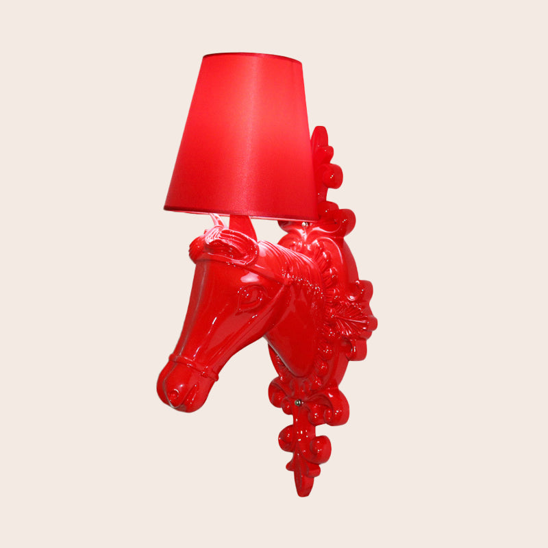 Traditional Indoor Horse Head Sconce Lamp - Fabric Red/Yellow/Orange 1-Light Wall Mounted Lighting