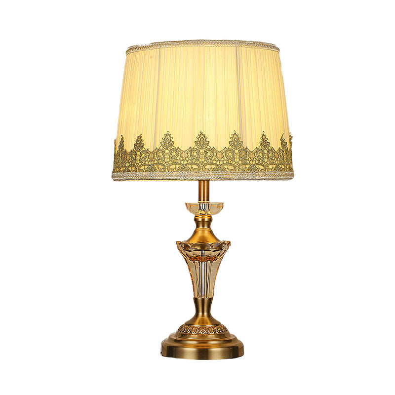 Beige Fabric Table Lamp - Minimalist Tapered Drum Design With Crystal Base