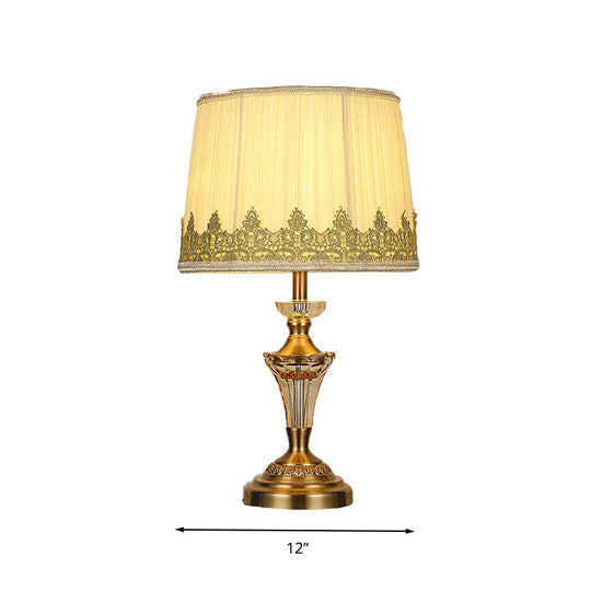 Beige Fabric Table Lamp - Minimalist Tapered Drum Design With Crystal Base