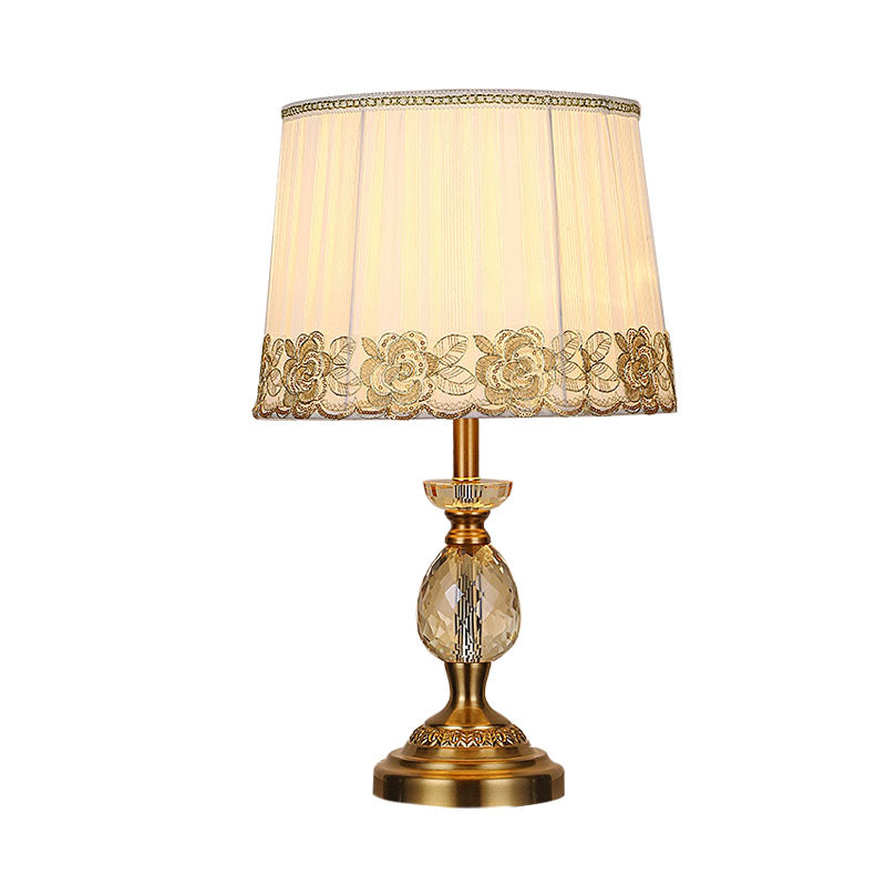 Beige Fabric Table Lamp - Minimalist Tapered Drum Design With Crystal Base