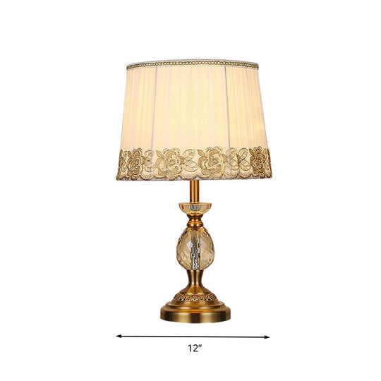 Beige Fabric Table Lamp - Minimalist Tapered Drum Design With Crystal Base