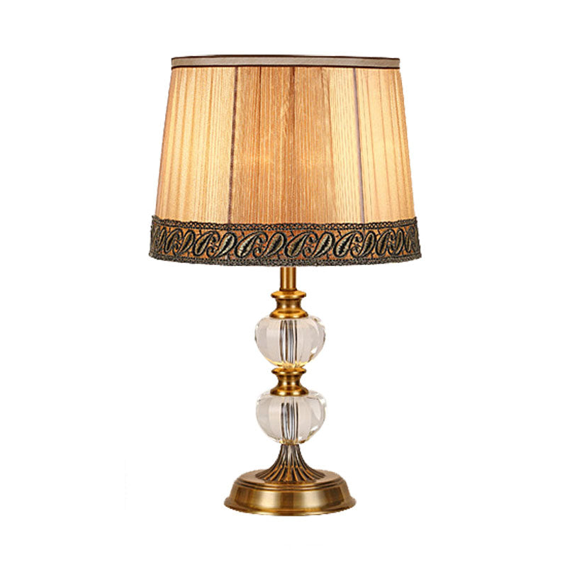 Rustic Drum Night Light Single Bulb Fabric Table Lamp In Beige For Bedroom With Crystal Accent