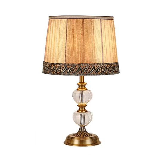 Rustic Drum Night Light Single Bulb Fabric Table Lamp In Beige For Bedroom With Crystal Accent