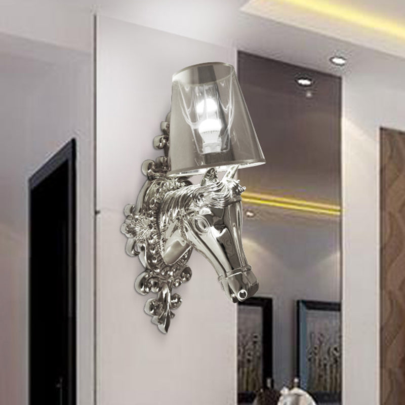 Traditional Gold/Silver Cone Sconce Light With Horse Head Backplate - One Bulb Fabric Wall Lighting