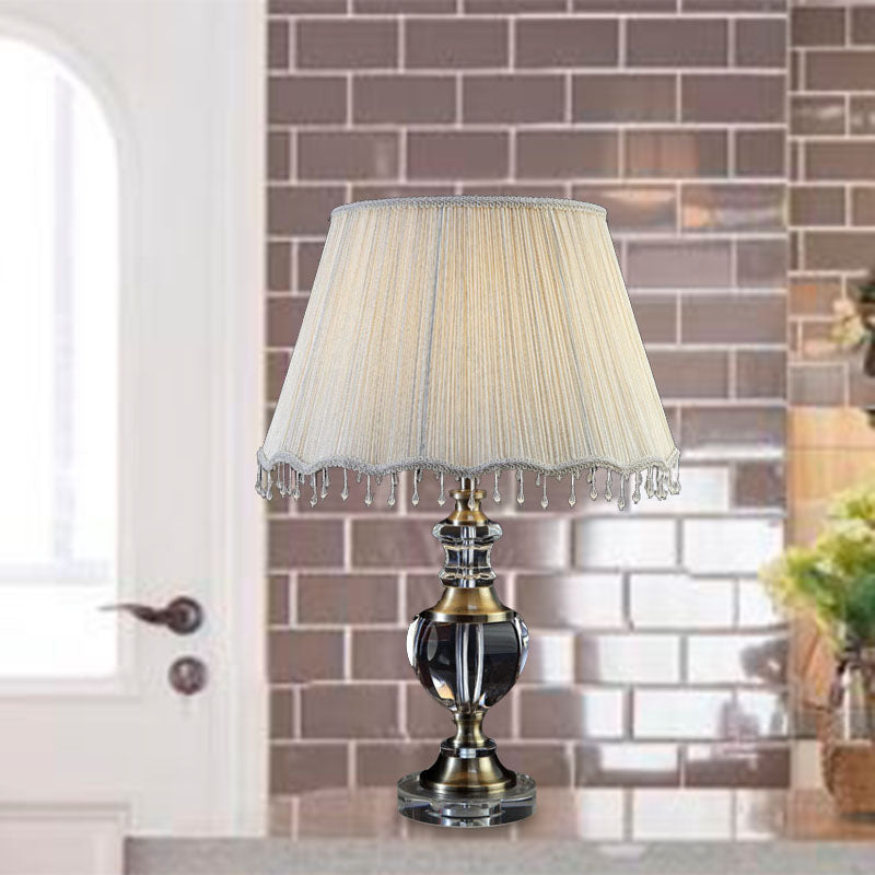 14/16 Traditional Cream Gray Crystal Nightstand Lamp With Cone Fabric Shade - Bedroom Night Table