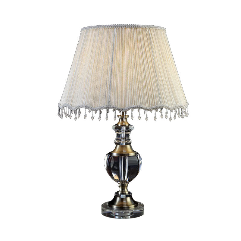 14/16 Traditional Cream Gray Crystal Nightstand Lamp With Cone Fabric Shade - Bedroom Night Table