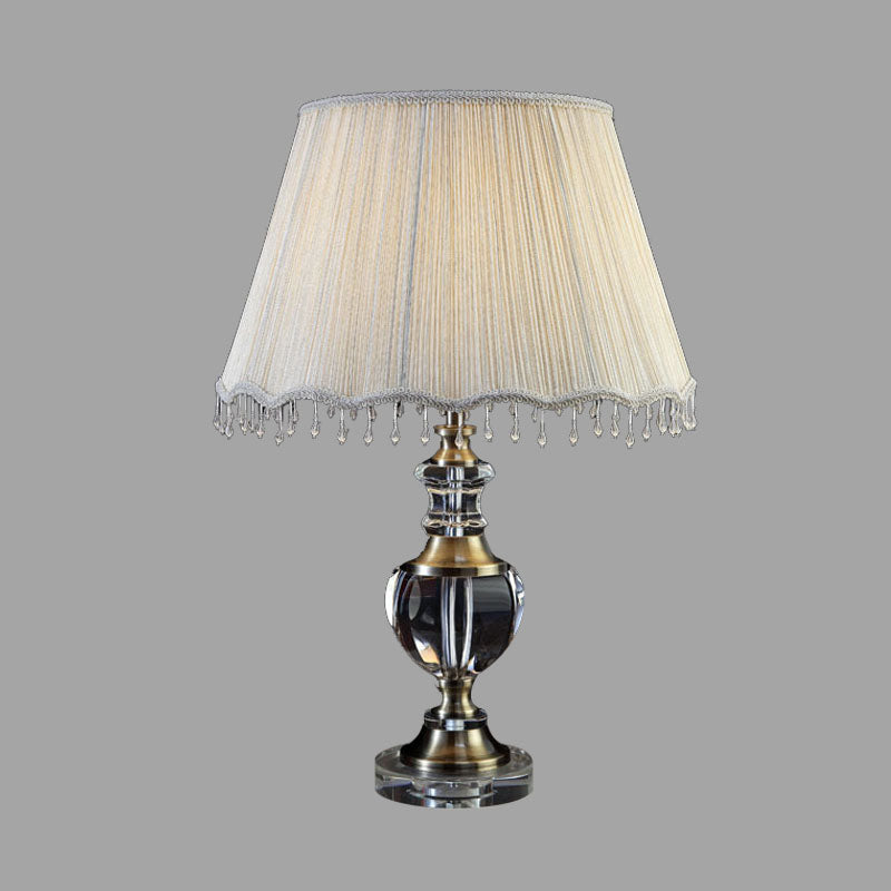 14/16 Traditional Cream Gray Crystal Nightstand Lamp With Cone Fabric Shade - Bedroom Night Table