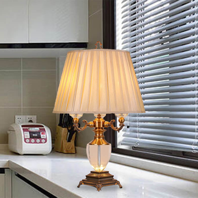 Rustic Elegance: Beige Pleated Shade Table Lamp With Crystal Accent - Perfect For The Bedroom