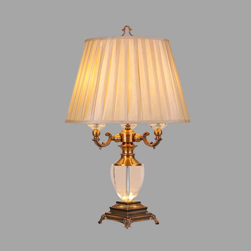 Rustic Elegance: Beige Pleated Shade Table Lamp With Crystal Accent - Perfect For The Bedroom