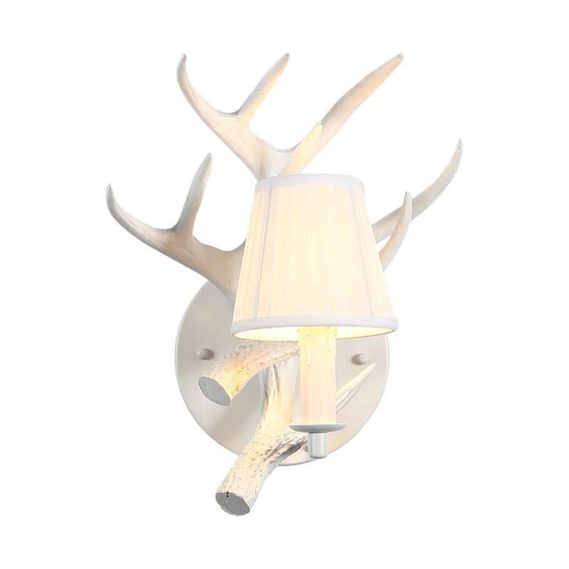 Rustic White Cone Wall Lamp With Elk Backplate - 1-Light Resin Sconce Fixture For Dining Room