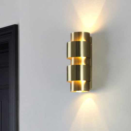 Modern Gold Wall Mount Lamp With Cylinder Metal Shade - 2 Heads Foyer Sconce