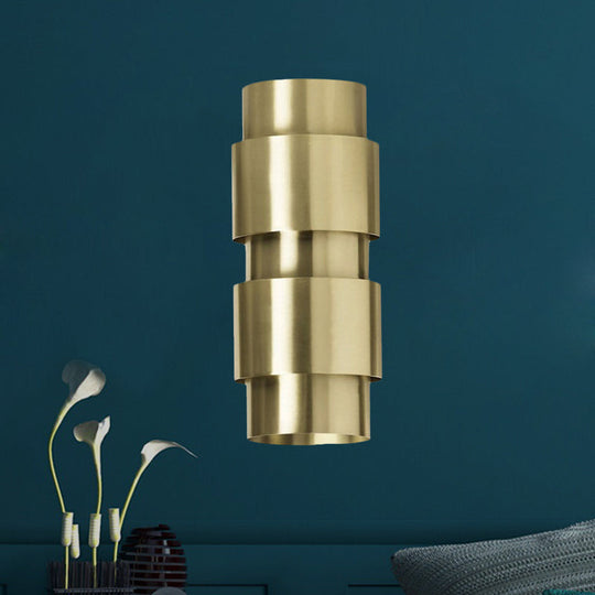 Modern Gold Wall Mount Lamp With Cylinder Metal Shade - 2 Heads Foyer Sconce