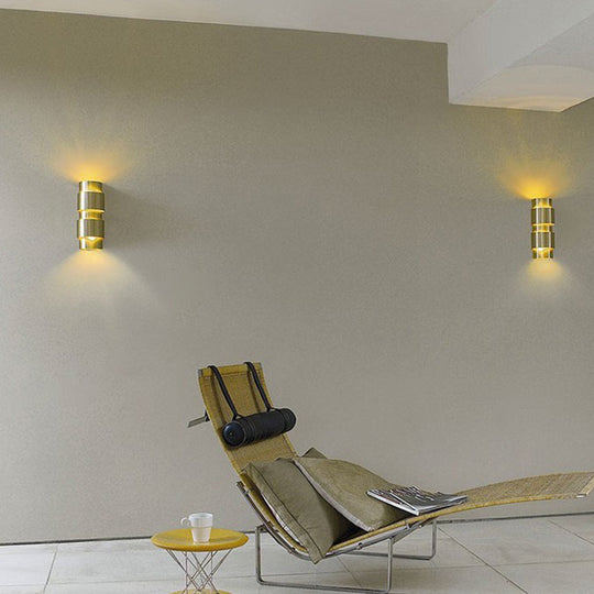 Modern Gold Wall Mount Lamp With Cylinder Metal Shade - 2 Heads Foyer Sconce