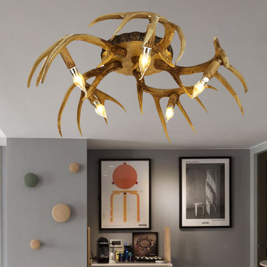 Antler Shape 5-Bulb Resin Flush Mount Ceiling Lamp - Brown Semi Flush Traditional Lighting