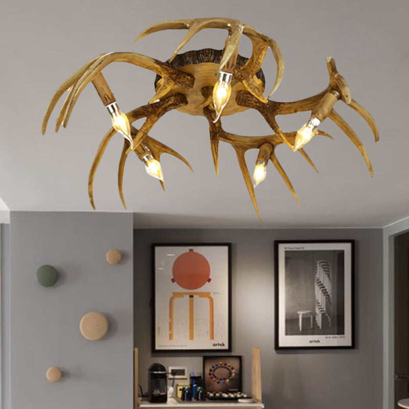 Antler Shape 5-Bulb Resin Flush Mount Ceiling Lamp - Brown Semi Traditional Lighting