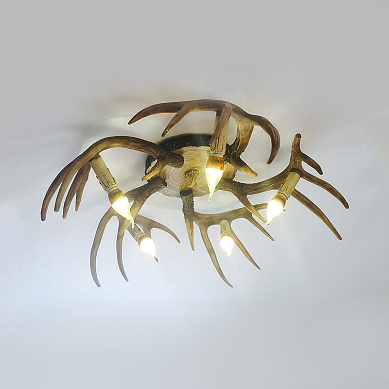 Antler Shape 5-Bulb Resin Flush Mount Ceiling Lamp - Brown Semi Flush Traditional Lighting