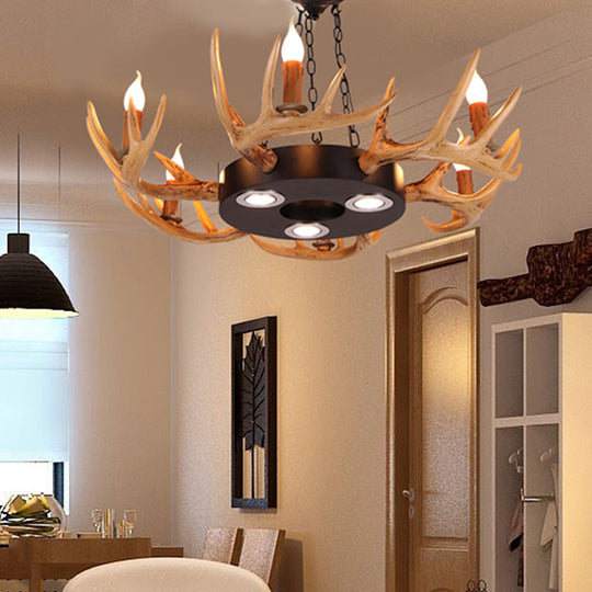 Village Wood Candelabra Chandelier - 6-Light Resin Lamp For Living Room Pendant Lighting