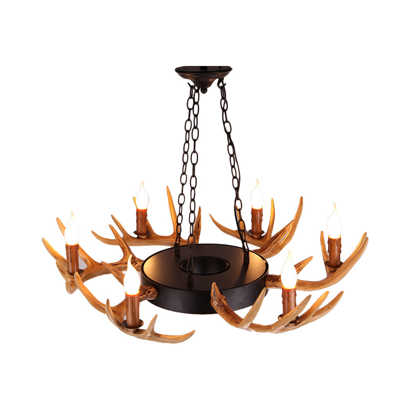 Village Wood Candelabra Chandelier - 6-Light Resin Lamp For Living Room Pendant Lighting