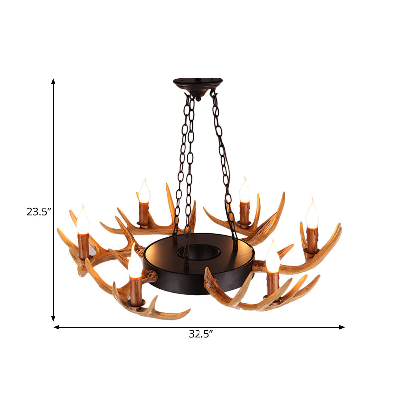 Village Wood Candelabra Chandelier - 6-Light Resin Lamp For Living Room Pendant Lighting