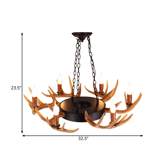 Village Wood Candelabra Chandelier - 6-Light Resin Lamp For Living Room Pendant Lighting