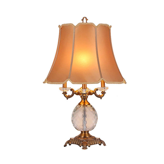 1-Light Lodge Paneled Bell Fabric Table Lamp In White/Beige With Crystal Accent For Bedroom